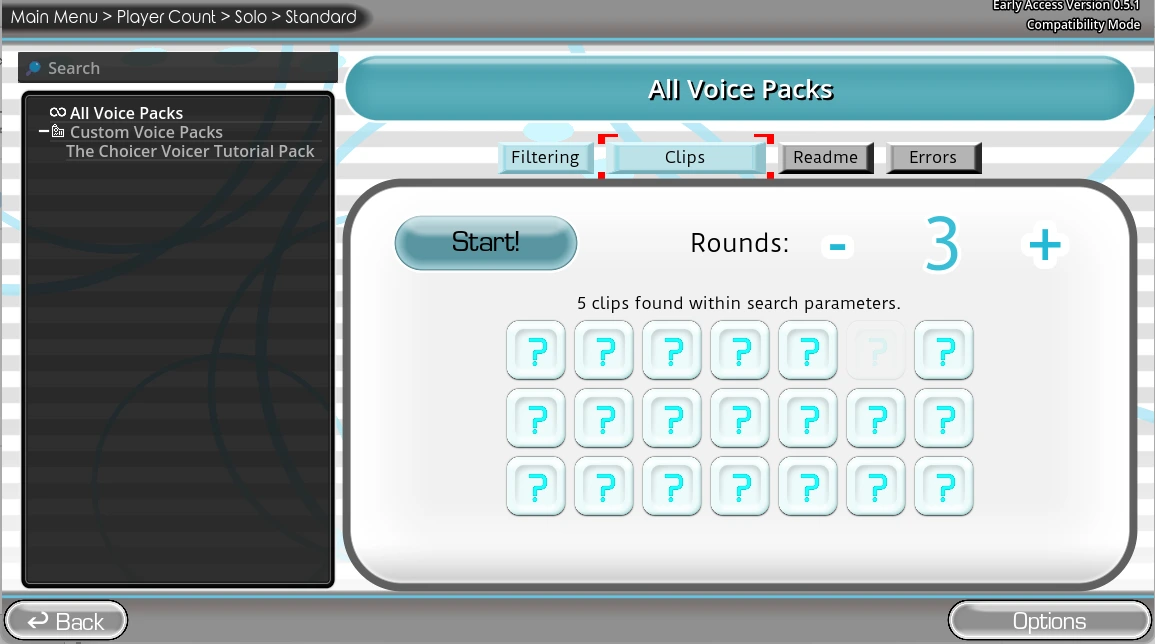 The Choicer Voicer voice pack and round setup screen