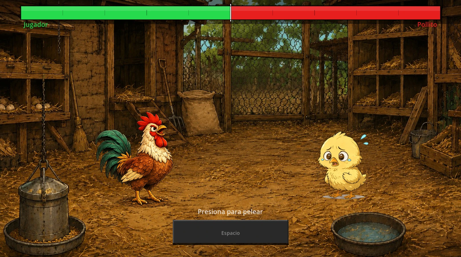 Cluck Battle rooster facing a chick beneath the battle meter