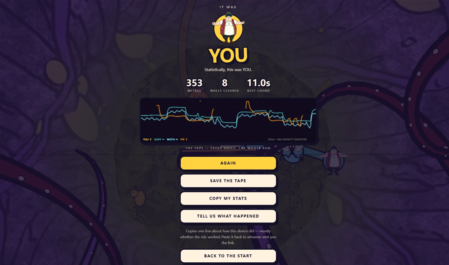 Sea Shanty Disaster results screen with distance and voice graph